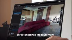 A handheld SLAM scan of a building interior open in SHARE PointClouds Studio, with a direct distance measurement across the room