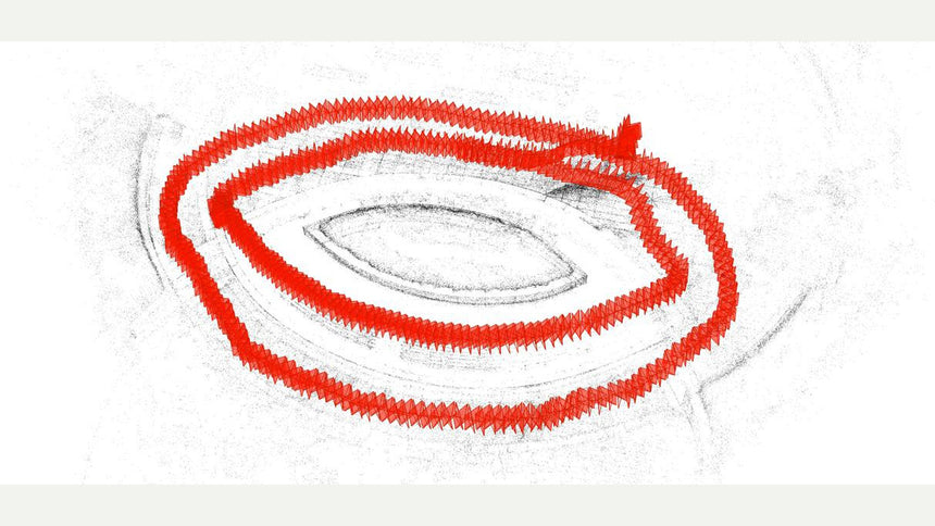 SHARE 3DGS capture path. Red camera poses loop around the subject in overlapping circles