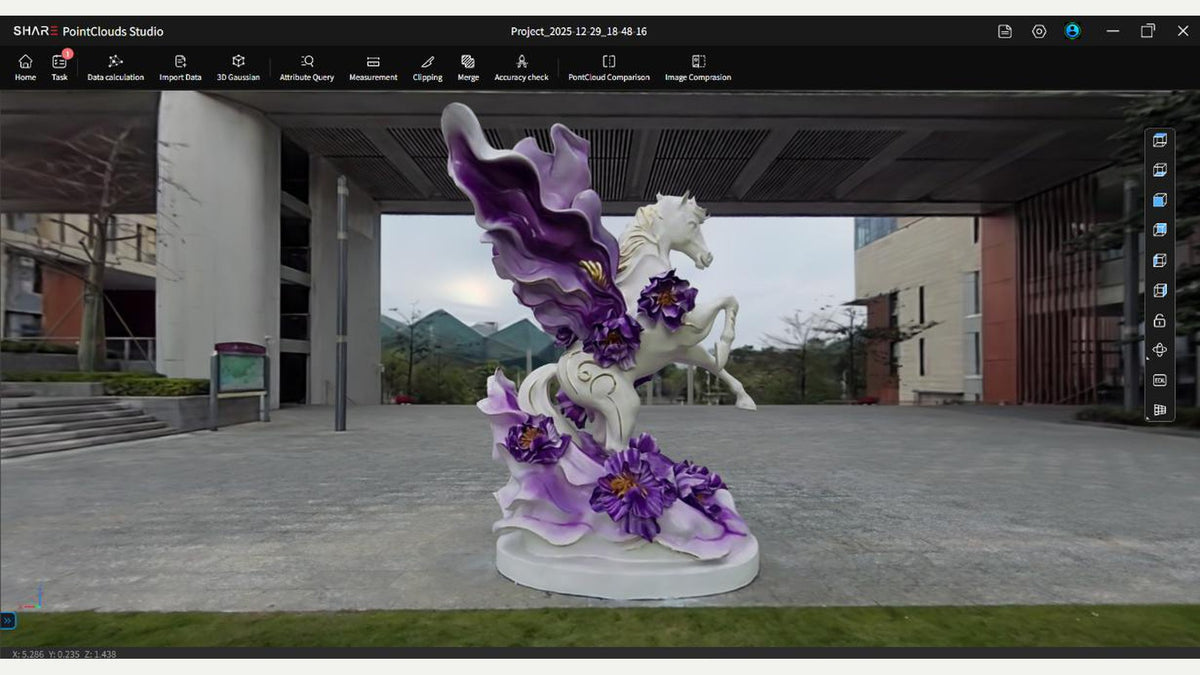 SHARE Point Cloud Studio splat preview of a statue in a courtyard, photoreal 3DGS view after processing