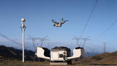 DJI Dock 4 open at a substation as the Matrice 5TD lifts off, with the O4 Ground Station on a pole beside the dock