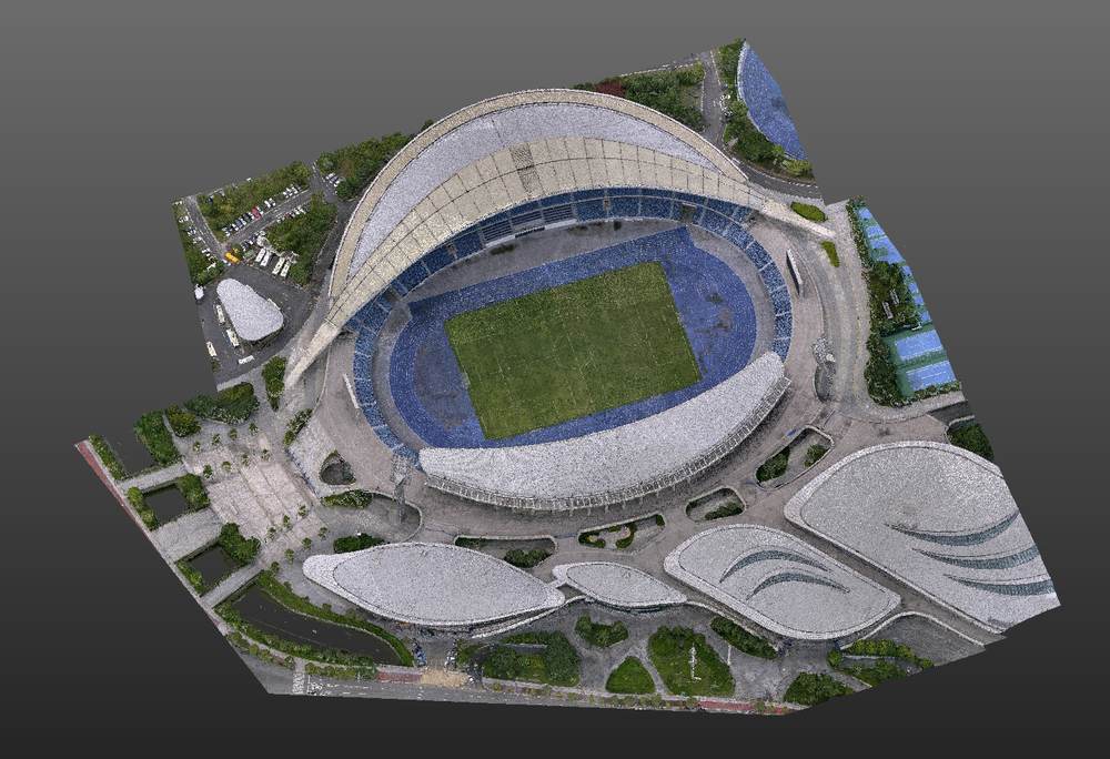 Aerial LiDAR of a stadium and grounds. The shell a drone pass can see.